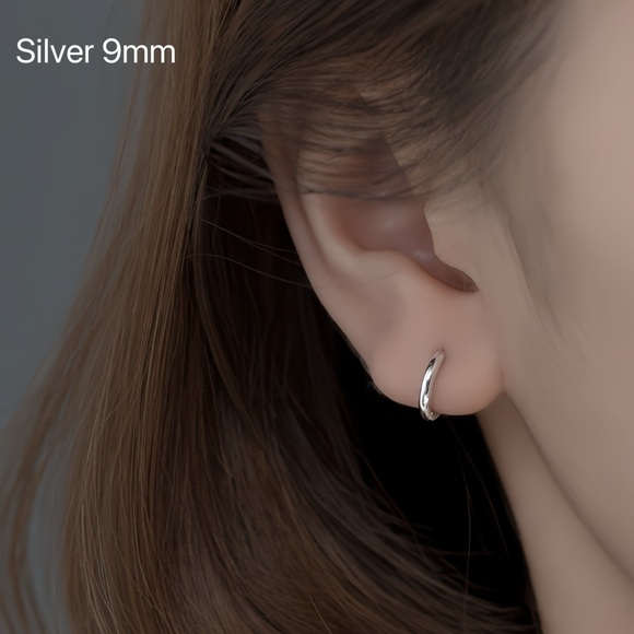 Plain silver small hoop earrings-Silver 9mm-SH001 - Picture 7 of 8